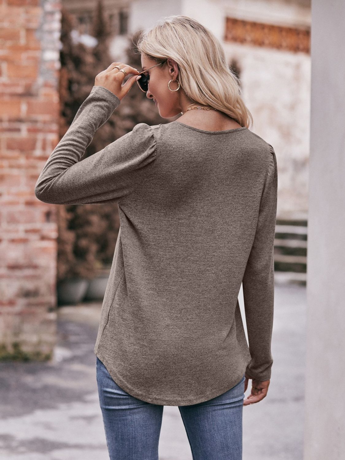 Mandy Pleated Detail Curved Hem Long Sleeve Top - ClassiQ