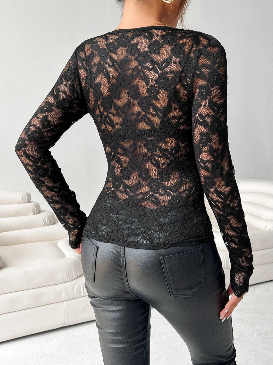 Lace V-Neck Long Sleeve Top - Classique Collection