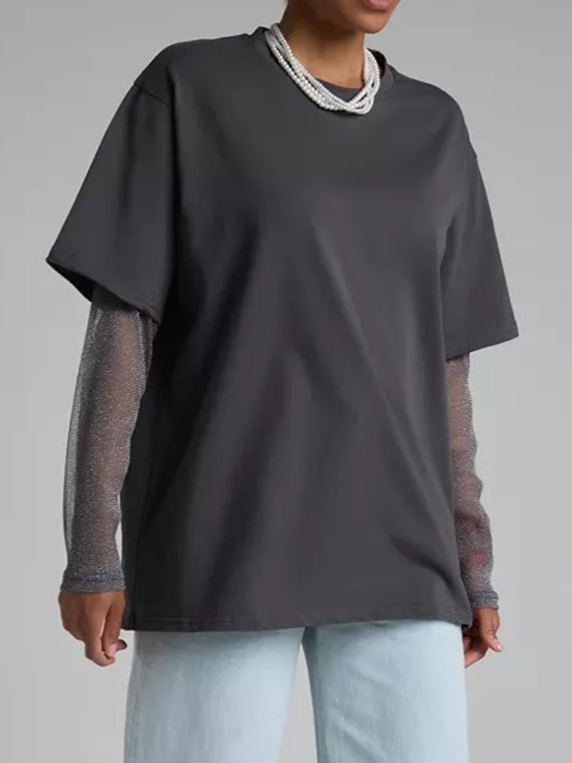 Faux Layered Round Neck Mesh Sleeve Top - Classique Collection
