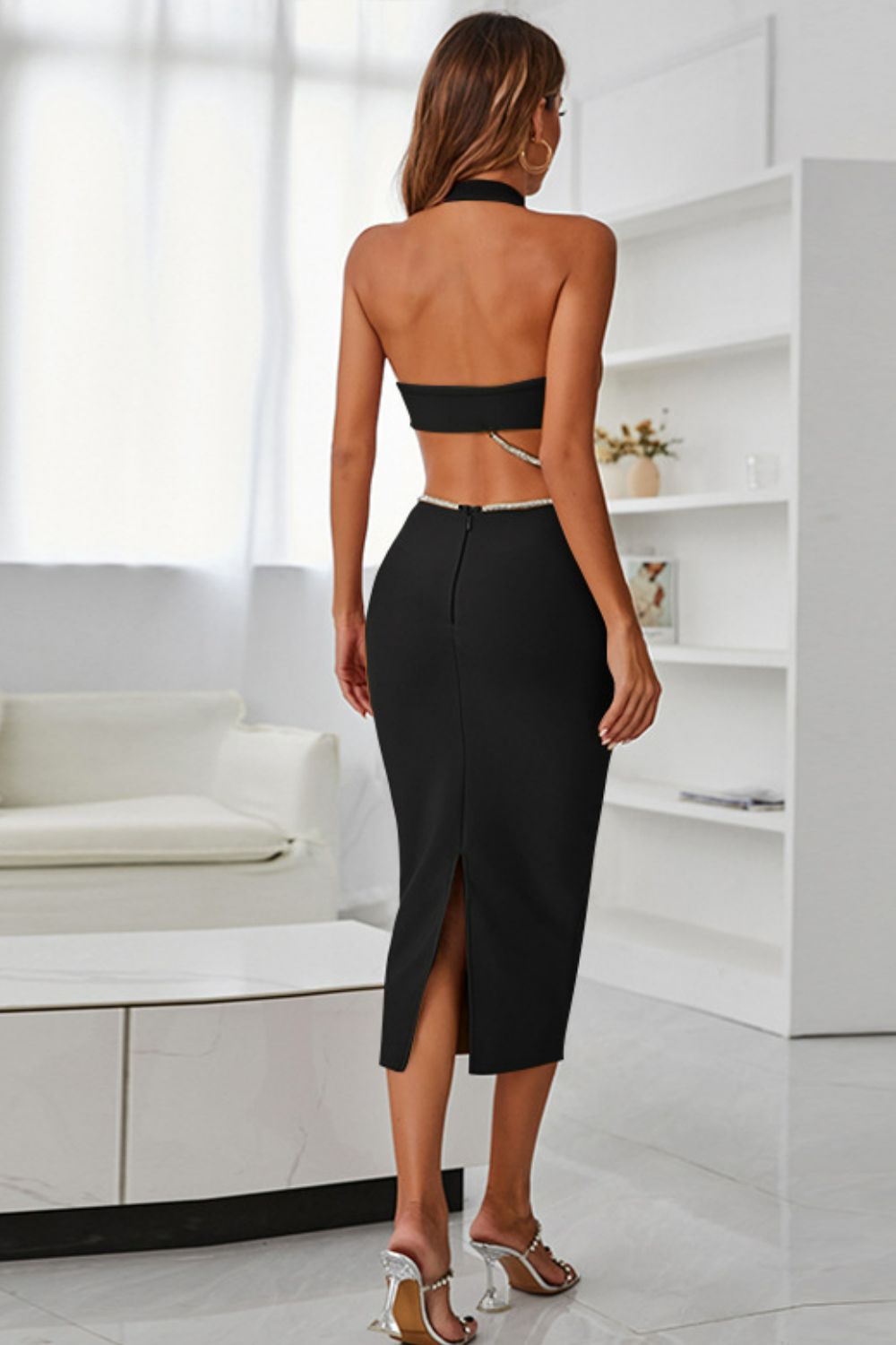 Rhinestone Halter Neck Cutout Slit Midi Dress - Classique Collection