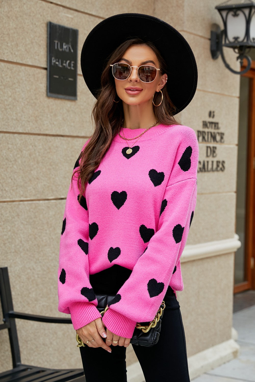 Woven Right Heart Pattern Lantern Sleeve Round Neck Tunic Sweater - ClassiQ