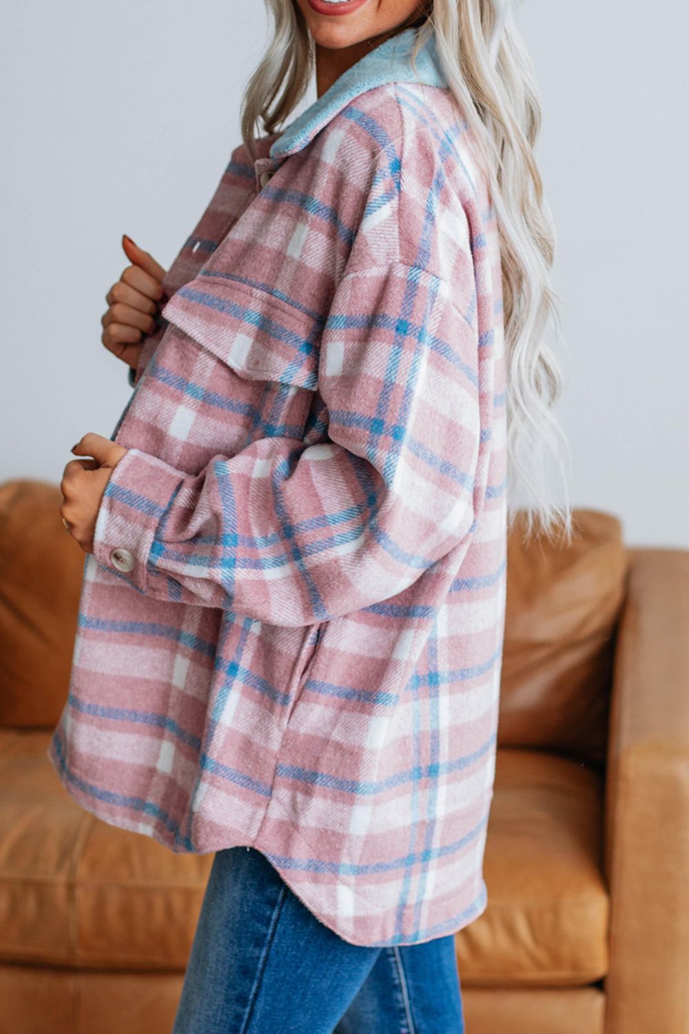 Plaid Collared Neck Flap Pockets Shacket - Classique Collection