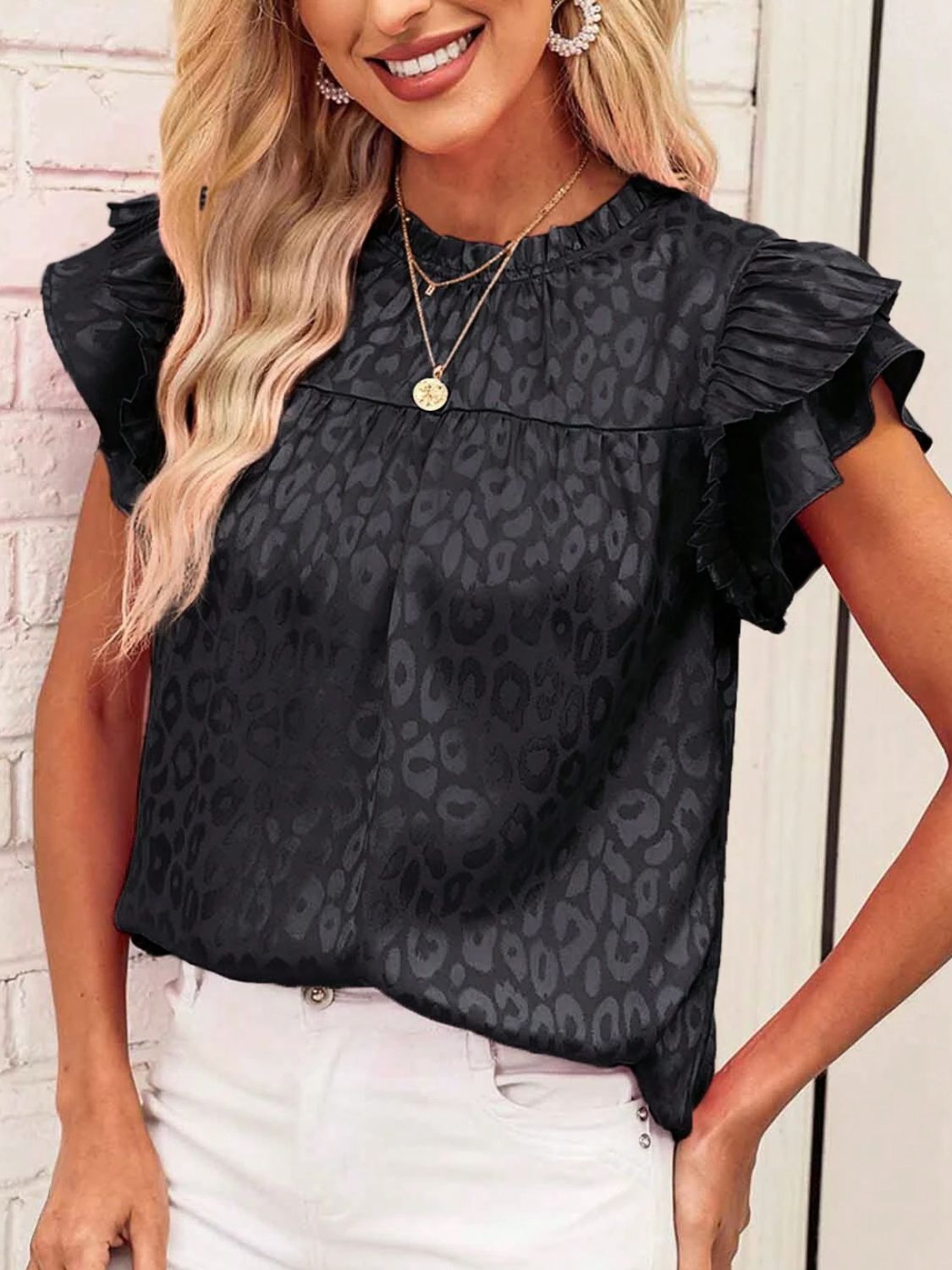 Leopard Frill Mock Neck Ruffled Cap Sleeve Top - Classique Collection