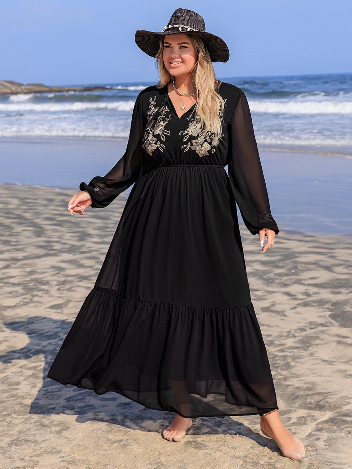 Plus Size Embroidered Tie Neck Long Sleeve Dress - Classique Collection