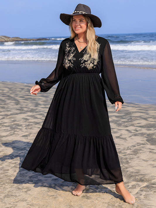 Plus Size Embroidered Tie Neck Long Sleeve Dress - Classique Collection