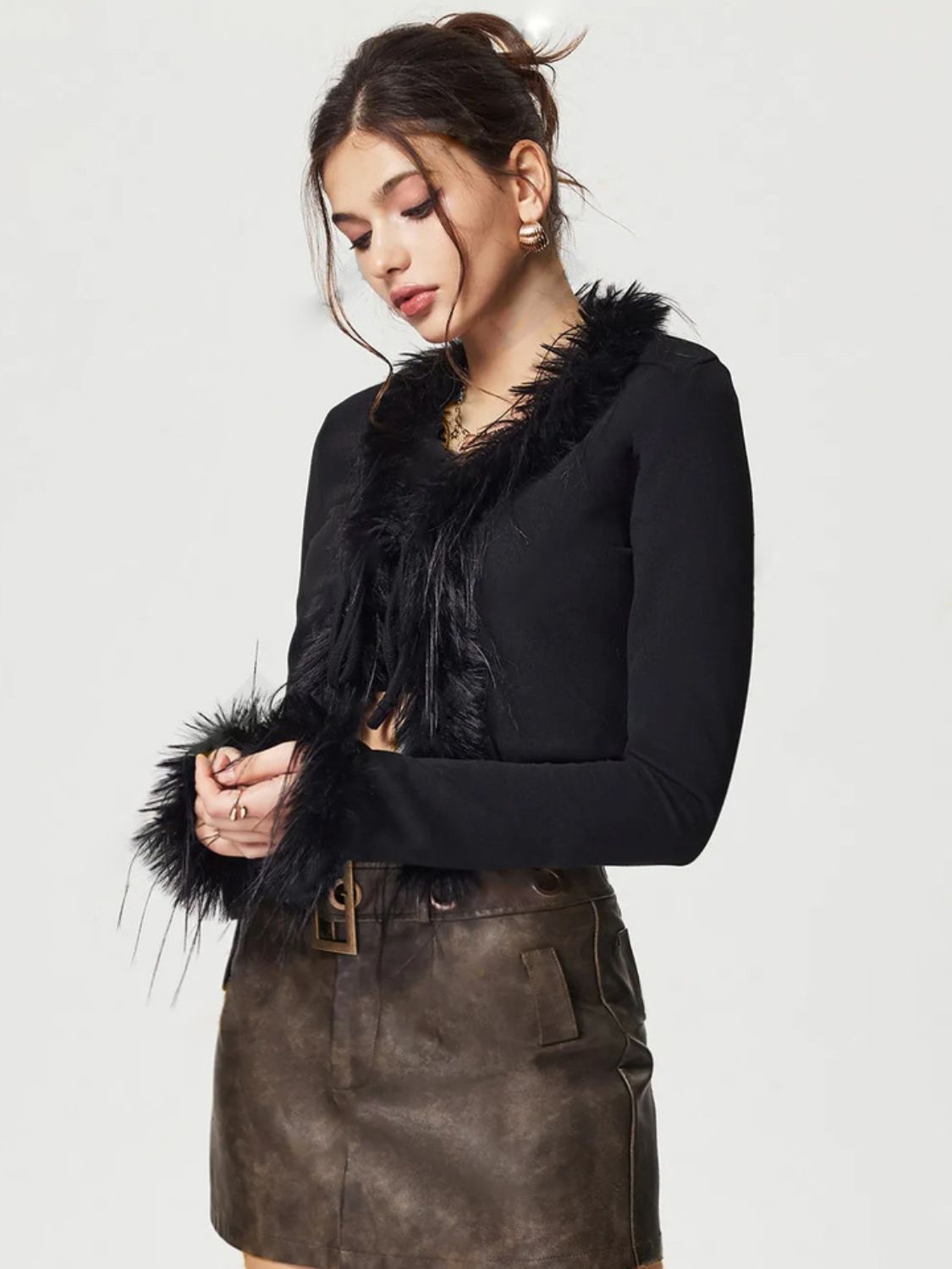 Tied Fuzzy Trim Long Sleeve Knit Cardigan - ClassiQ