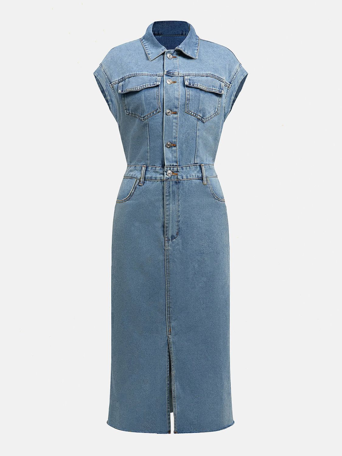 Slit Half Button Collared Neck Cap Sleeve Denim Dress - Classique Collection