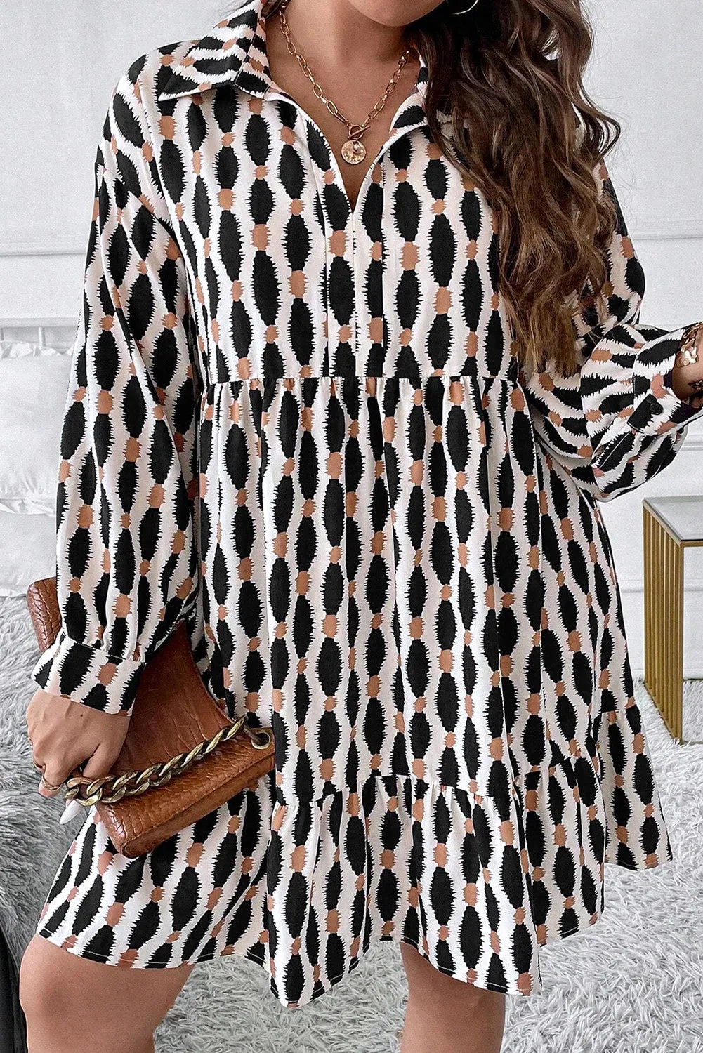 Plus Size Printed Johnny Collar Long Sleeve Dress - Classique Collection