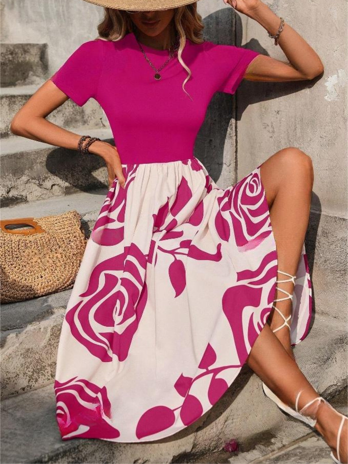 Rose Printed Round Neck Short Sleeve Dress - Classique Collection