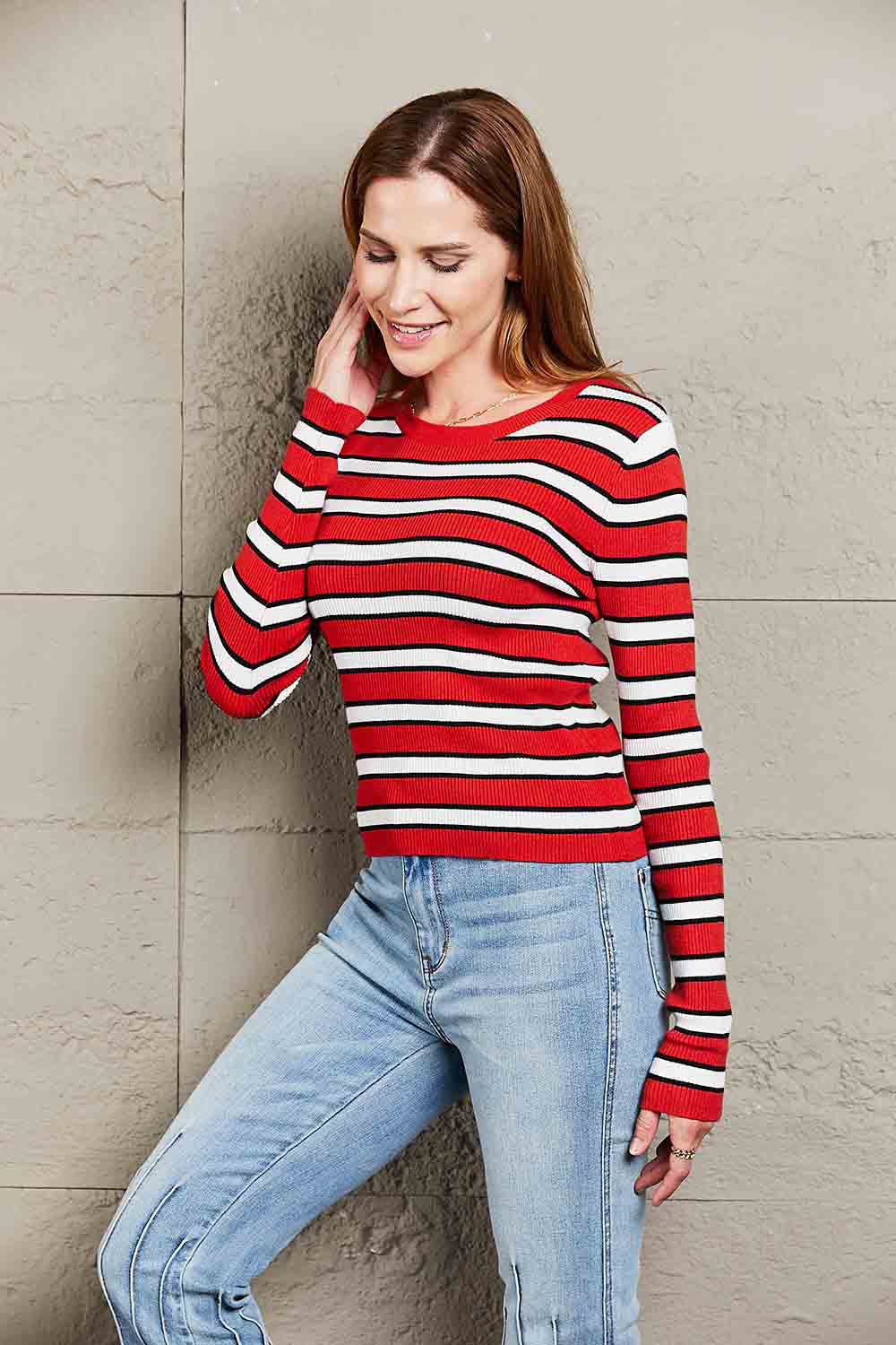 Striped Round Neck Long Sleeve Top - Classique Collection