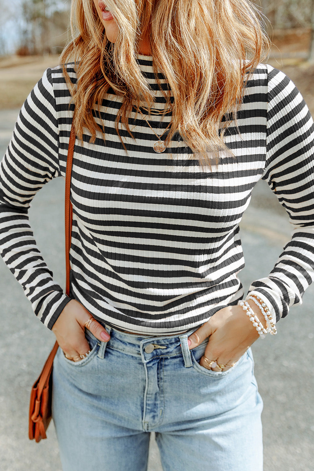 Striped Mock Neck Long Sleeve Top - Classique Collection