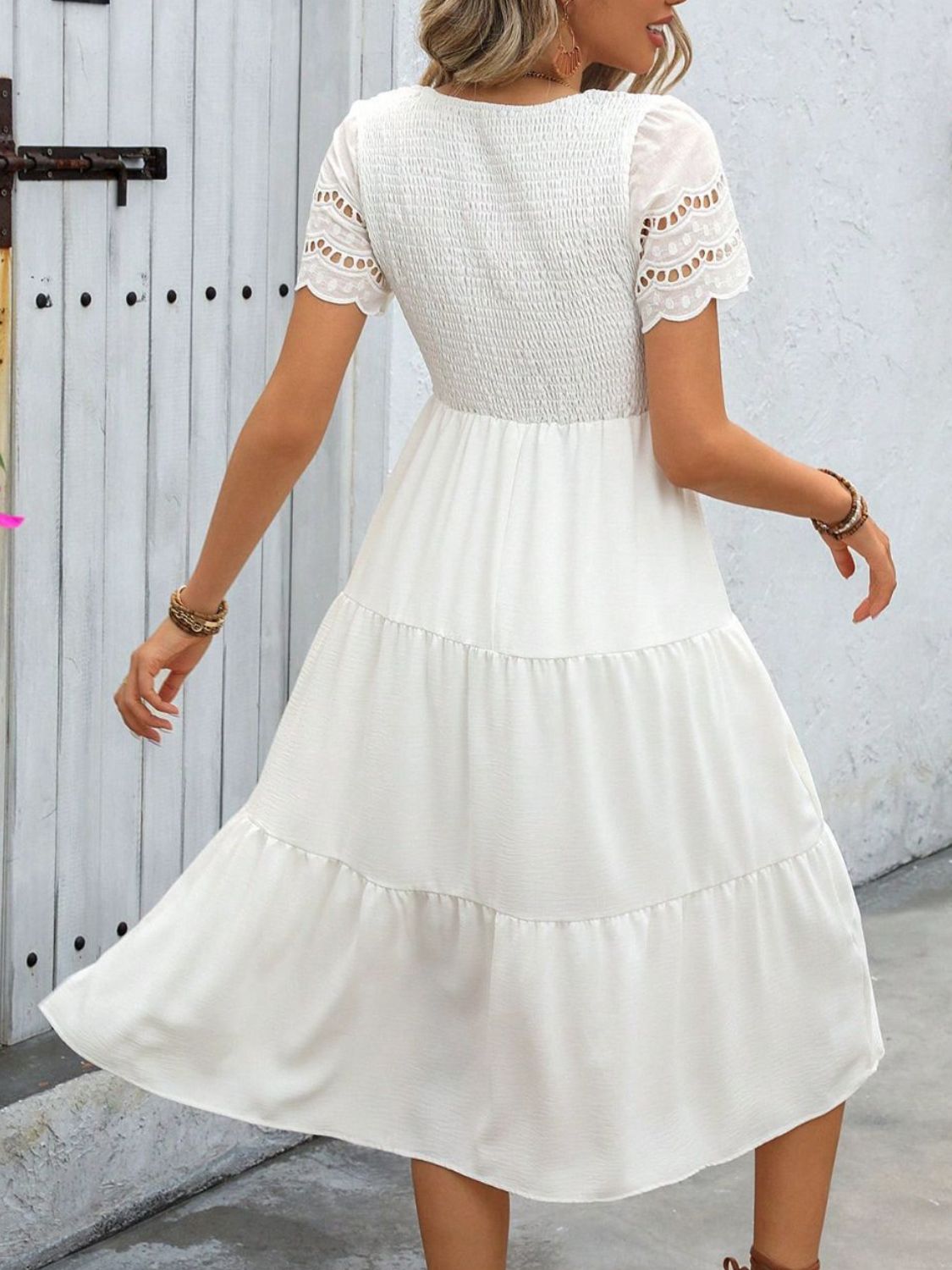 Smocked Round Neck Short Sleeve Dress - ClassiQ