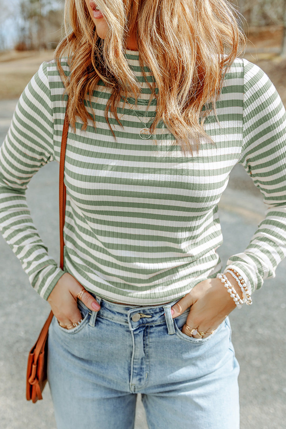 Striped Mock Neck Long Sleeve Top - Classique Collection