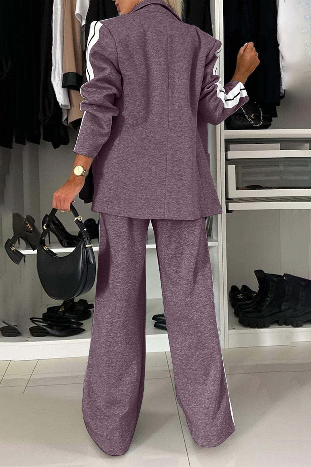 Full Size Contrast Lapel Collar Top and Pants Set - ClassiQ
