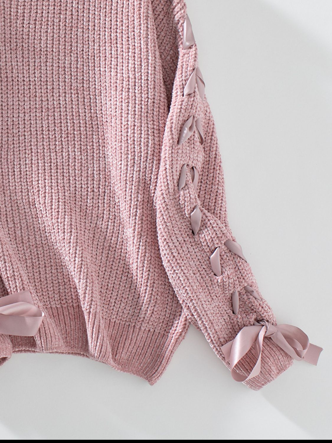 Lace Up Round Neck Long Sleeve Sweater - ClassiQ