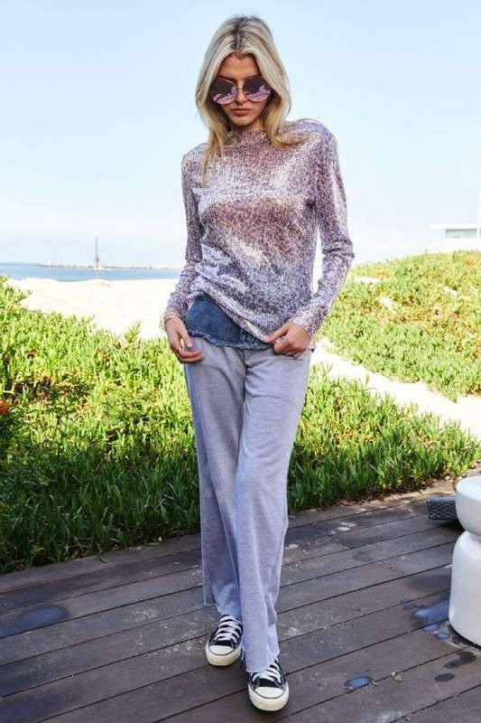 Davi & Dani Sequin Mock Neck Long Sleeve Mesh Top - Classique Collection