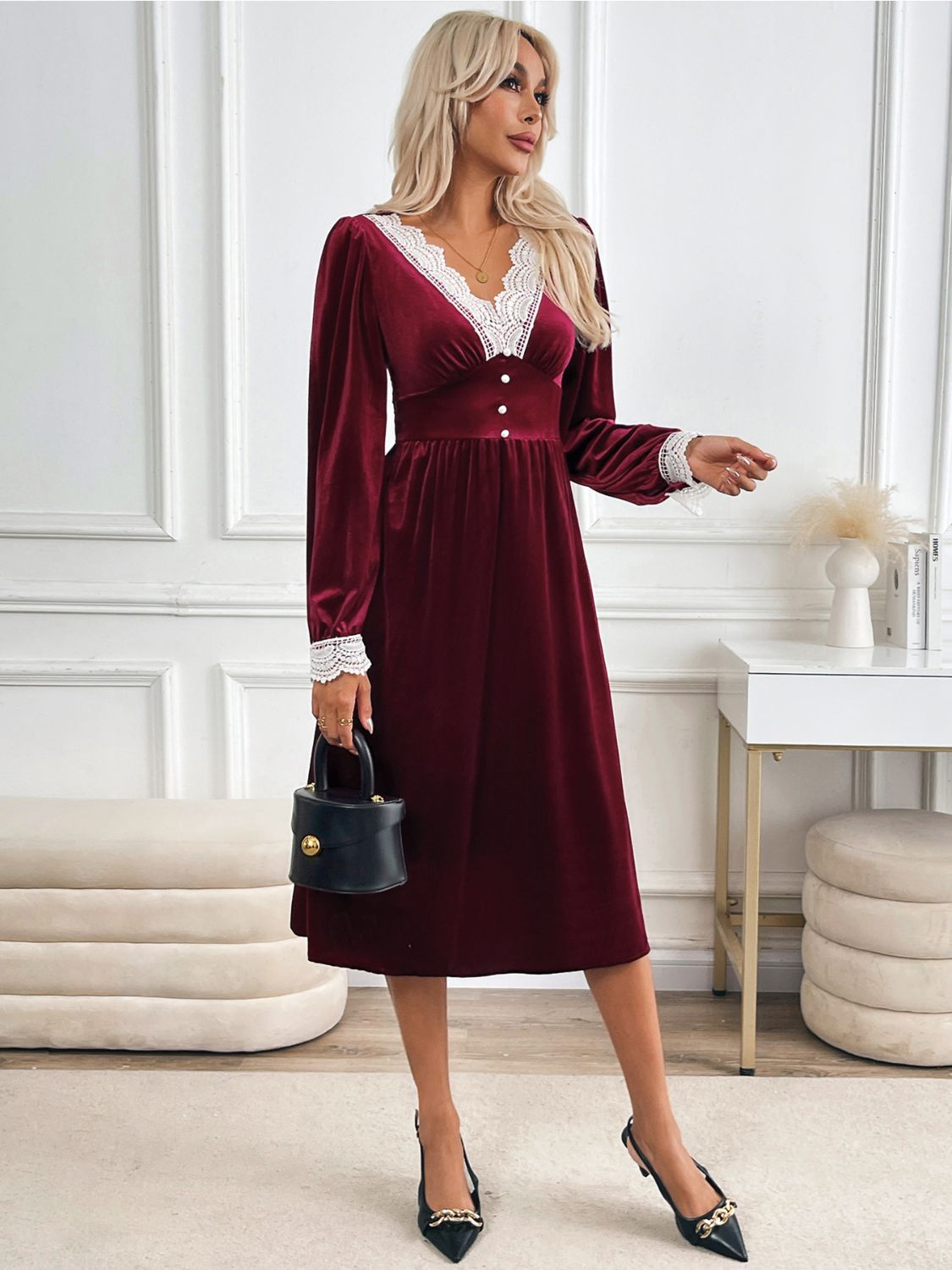 Perfee Lace Detail V-Neck Long Sleeve Midi Dress - Classique Collection