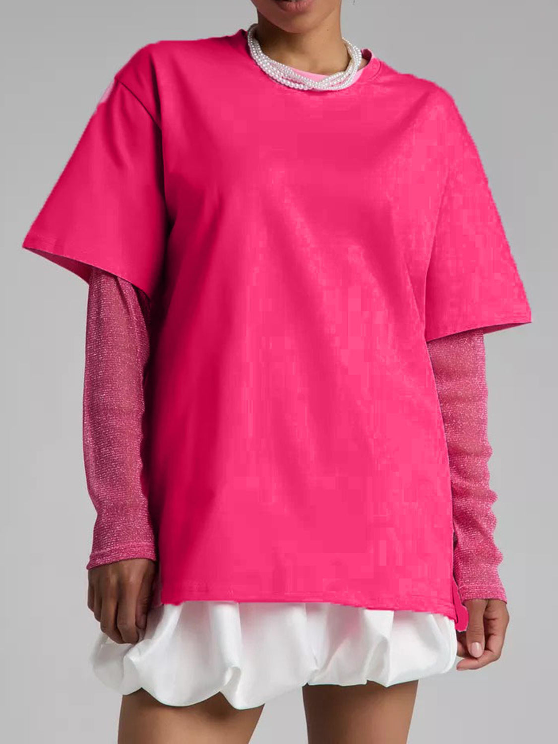 Faux Layered Round Neck Mesh Sleeve Top - Classique Collection