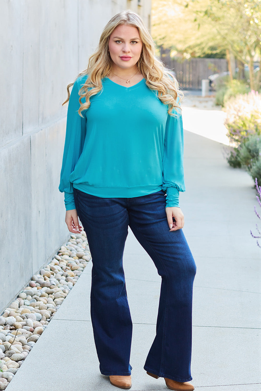Basic Bae Full Size V-Neck Lantern Sleeve Top - Classique Collection