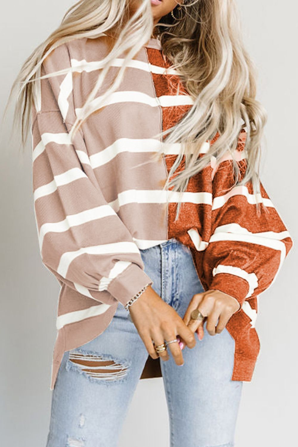 Striped Dropped Shoulder Round Neck Blouse - Classique Collection