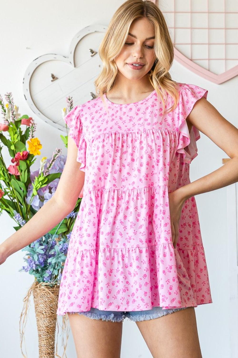 Heimish Full Size Floral Ruffled Tiered Top - Classique Collection