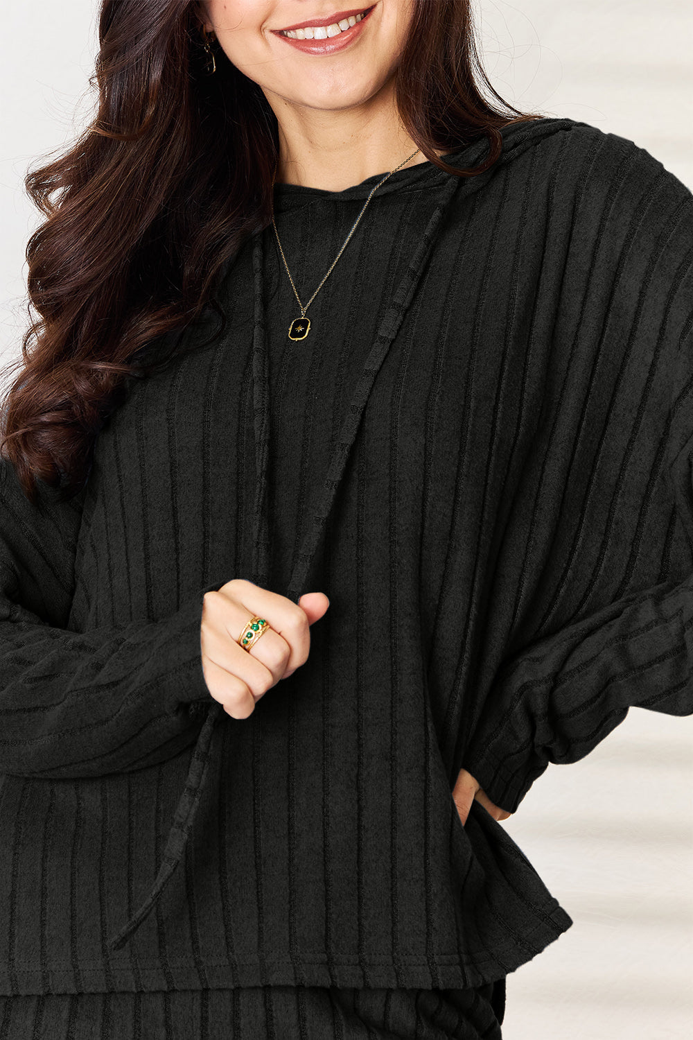 Basic Bae Full Size Ribbed Drawstring Hooded Top and Straight Pants Set - ClassiQ