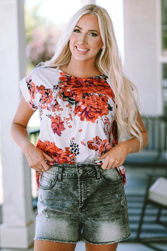 Floral Round Neck Short Sleeve Top - Classique Collection