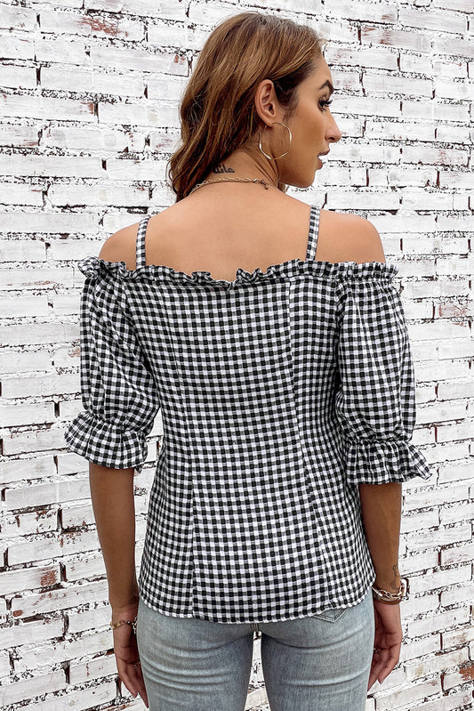 Plaid Buttoned Sweetheart Neck Cold-Shoulder Top - Classique Collection