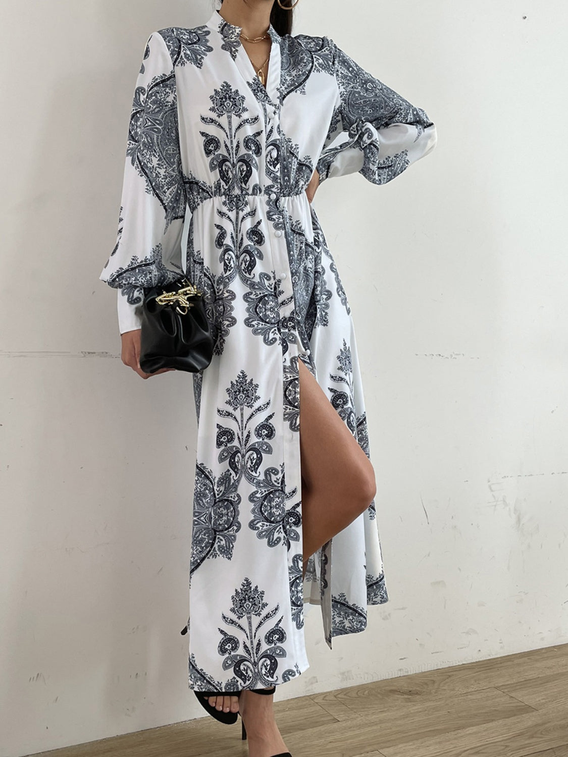 Printed Notched Lantern Sleeve Midi Dress - Classique Collection