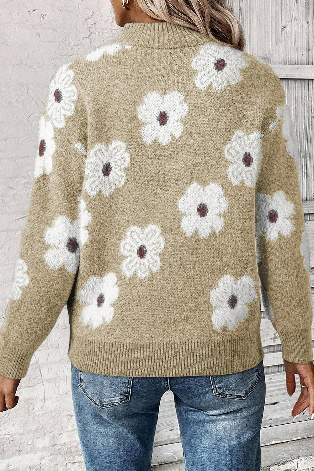Flower Half Zip Long Sleeve Sweater - ClassiQ