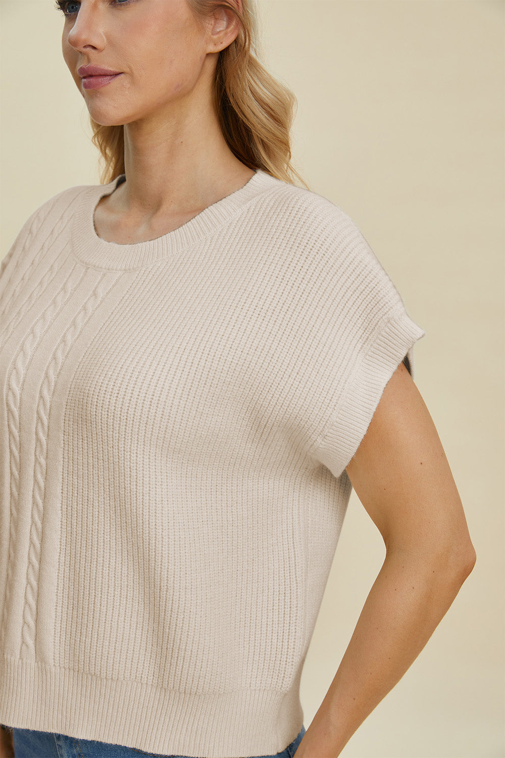 Double Take Full Size Cable-Knit Round Neck Short Sleeve Sweater - ClassiQ