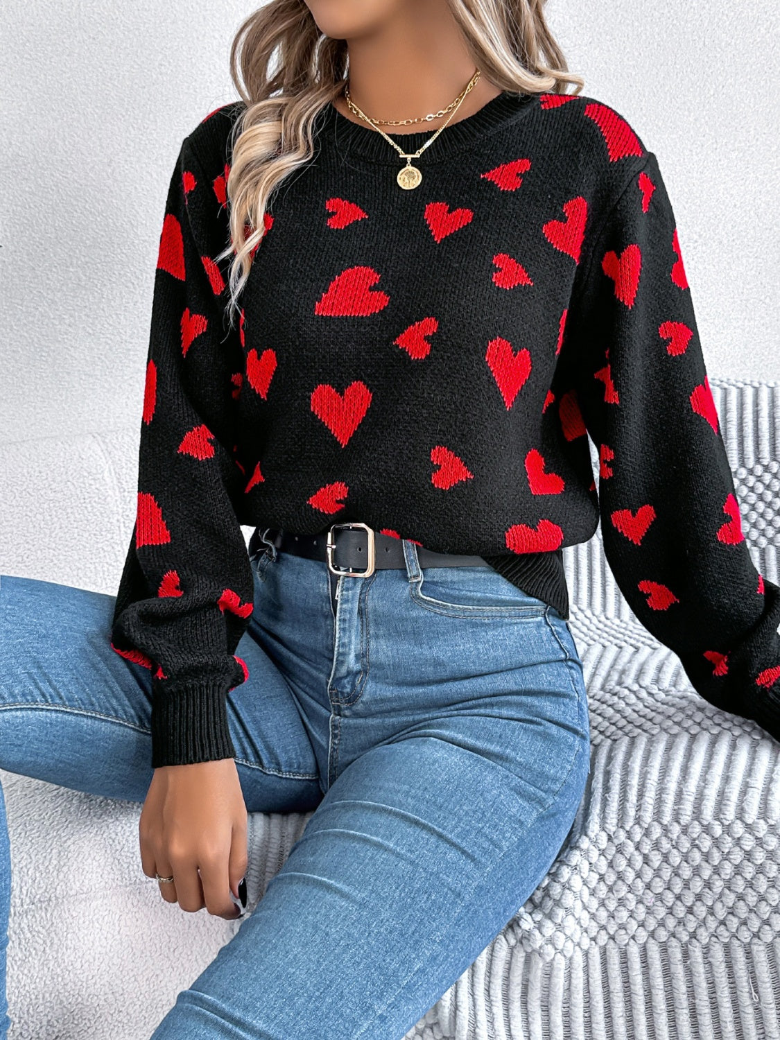 Heart Round Neck Long Sleeve Sweater - ClassiQ
