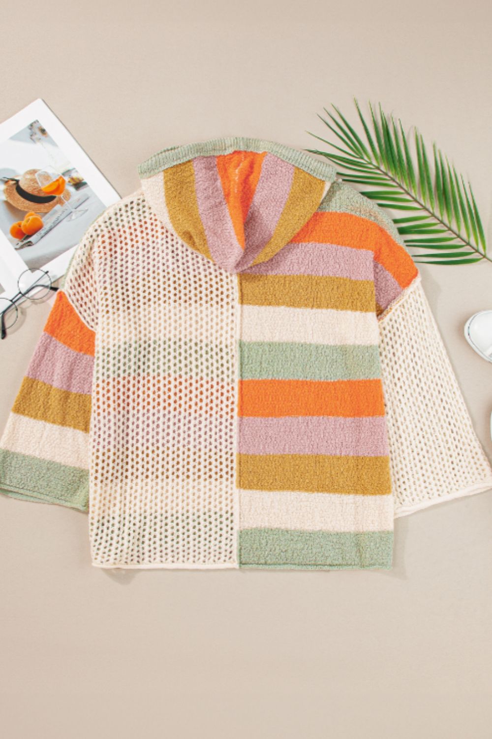 Openwork Color Block Hooded Sweater - Classique Collection