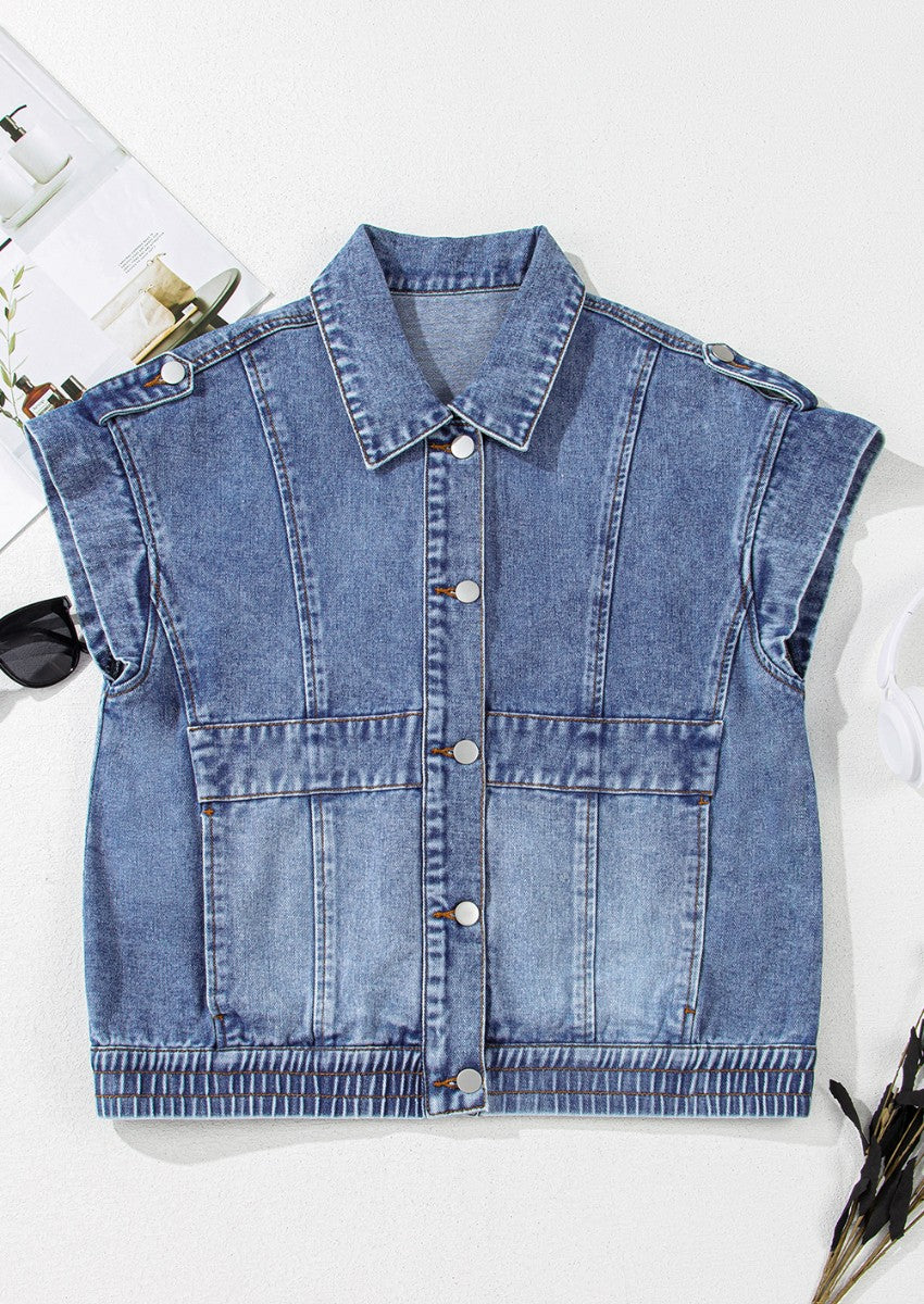 Button Up Cap Sleeve Denim Jacket - ClassiQ