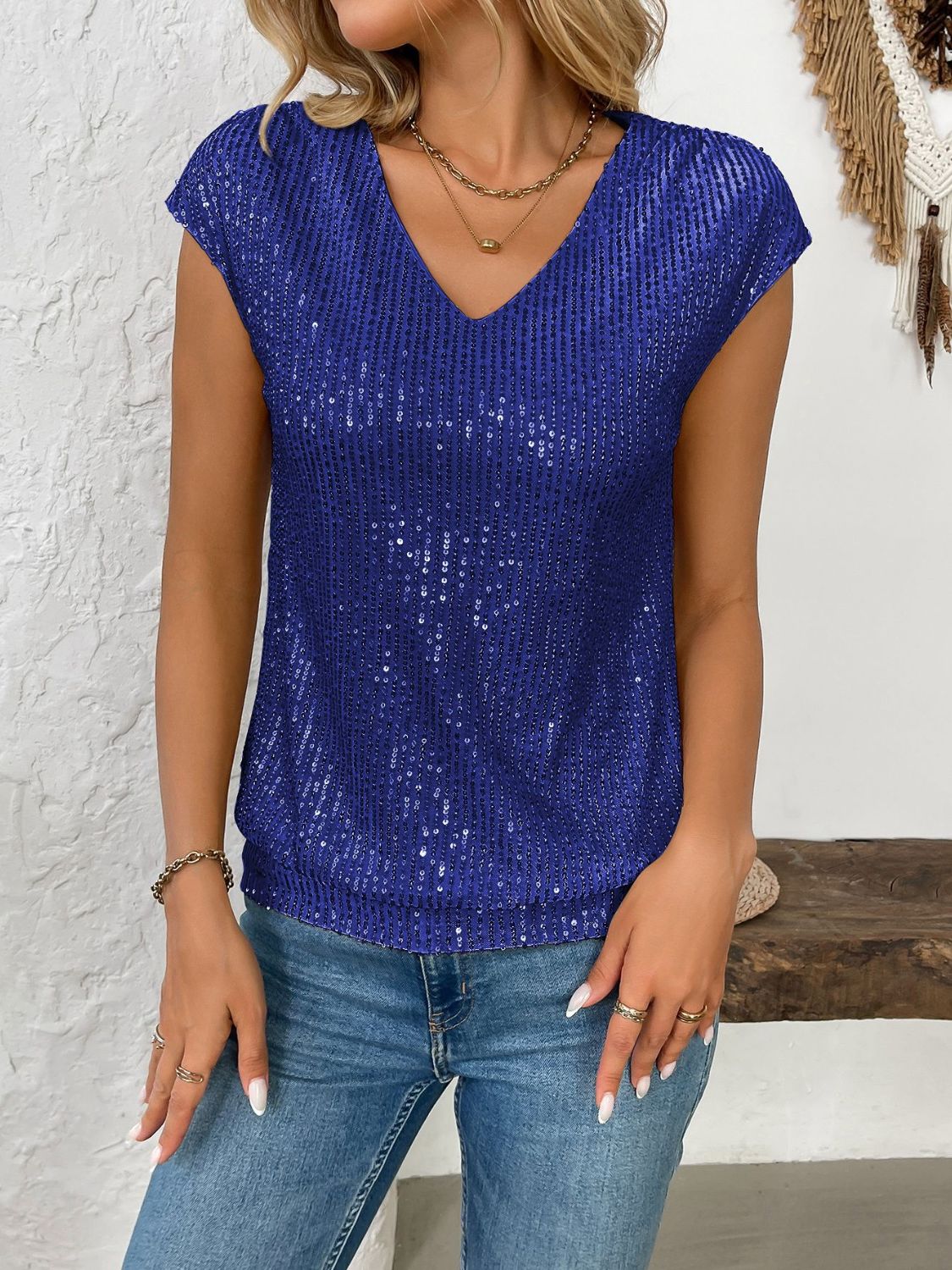 Sequin V-Neck Cap Sleeve Top - Classique Collection