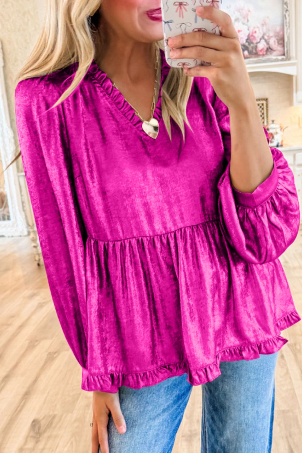 Frill V-Neck Long Sleeve Blouse - Classique Collection