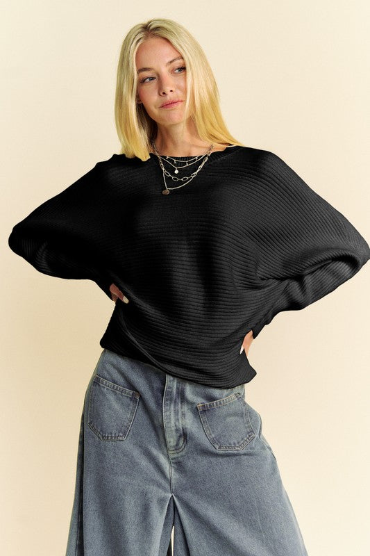 Davi & Dani Round Neck Batwing Sleeve Sweater - ClassiQ
