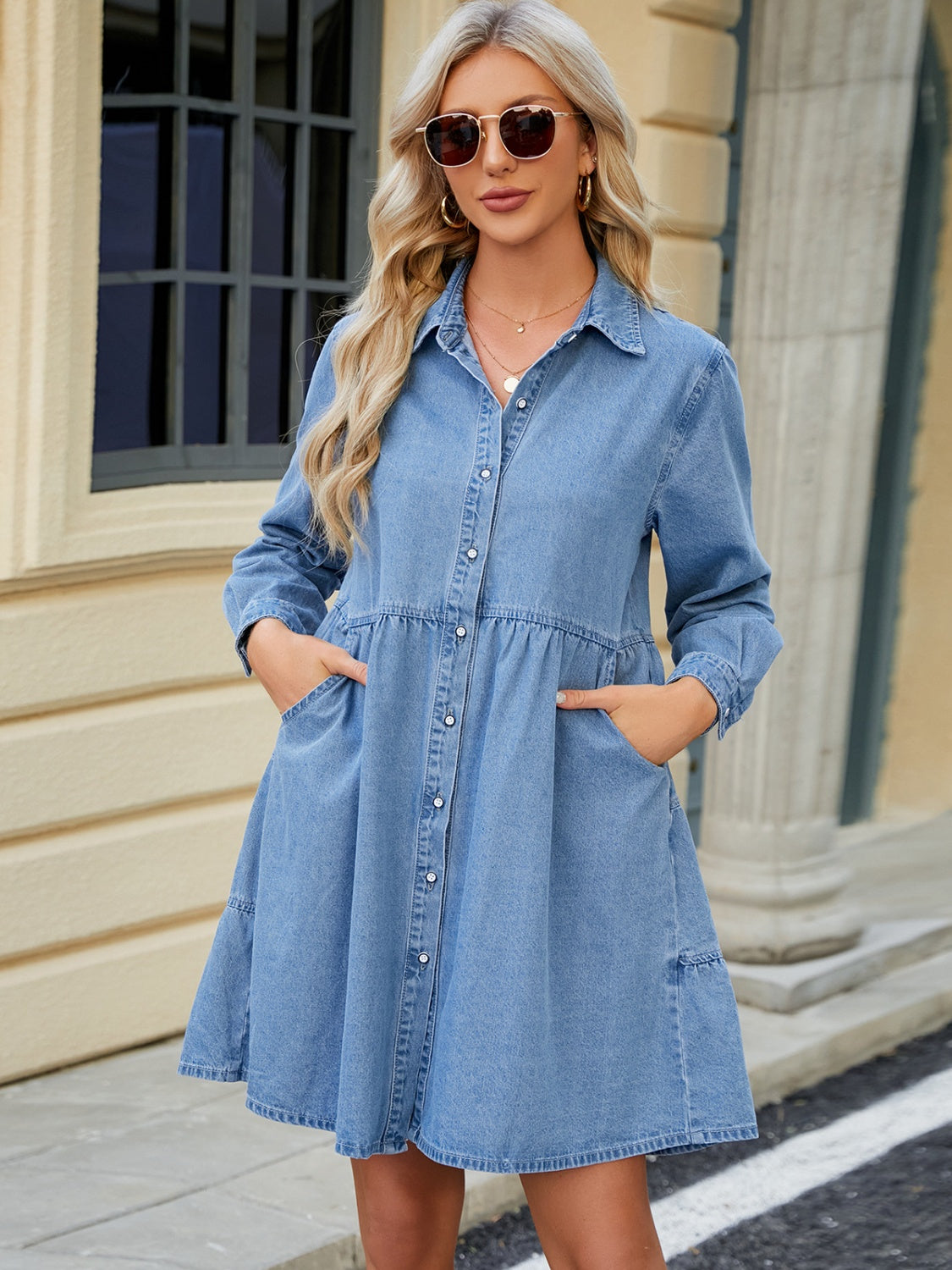 Tiered Button Up Long Sleeve Denim Dress - Classique Collection