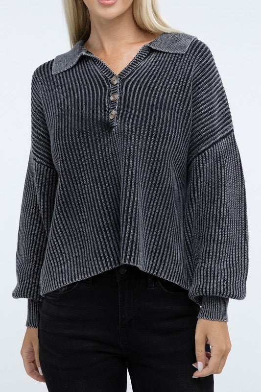 Washed Collared Henley Sweater - Classique Collection