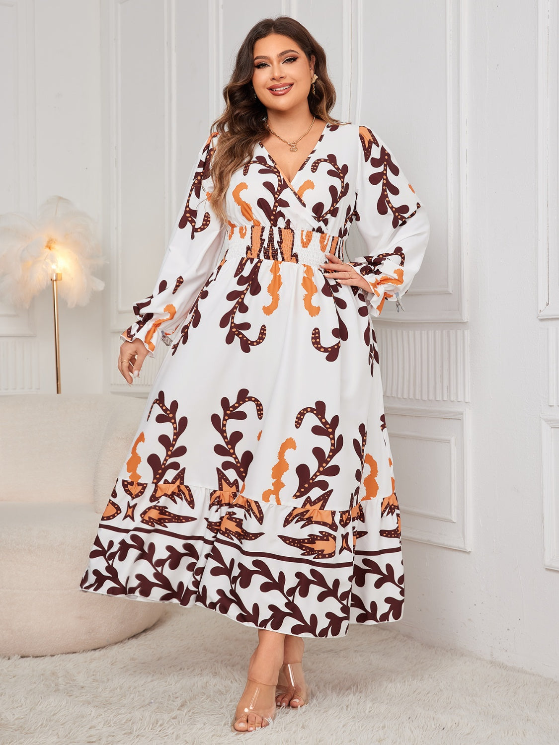 Honey Plus Size Printed Surplice Flounce Sleeve Dress - Classique Collection