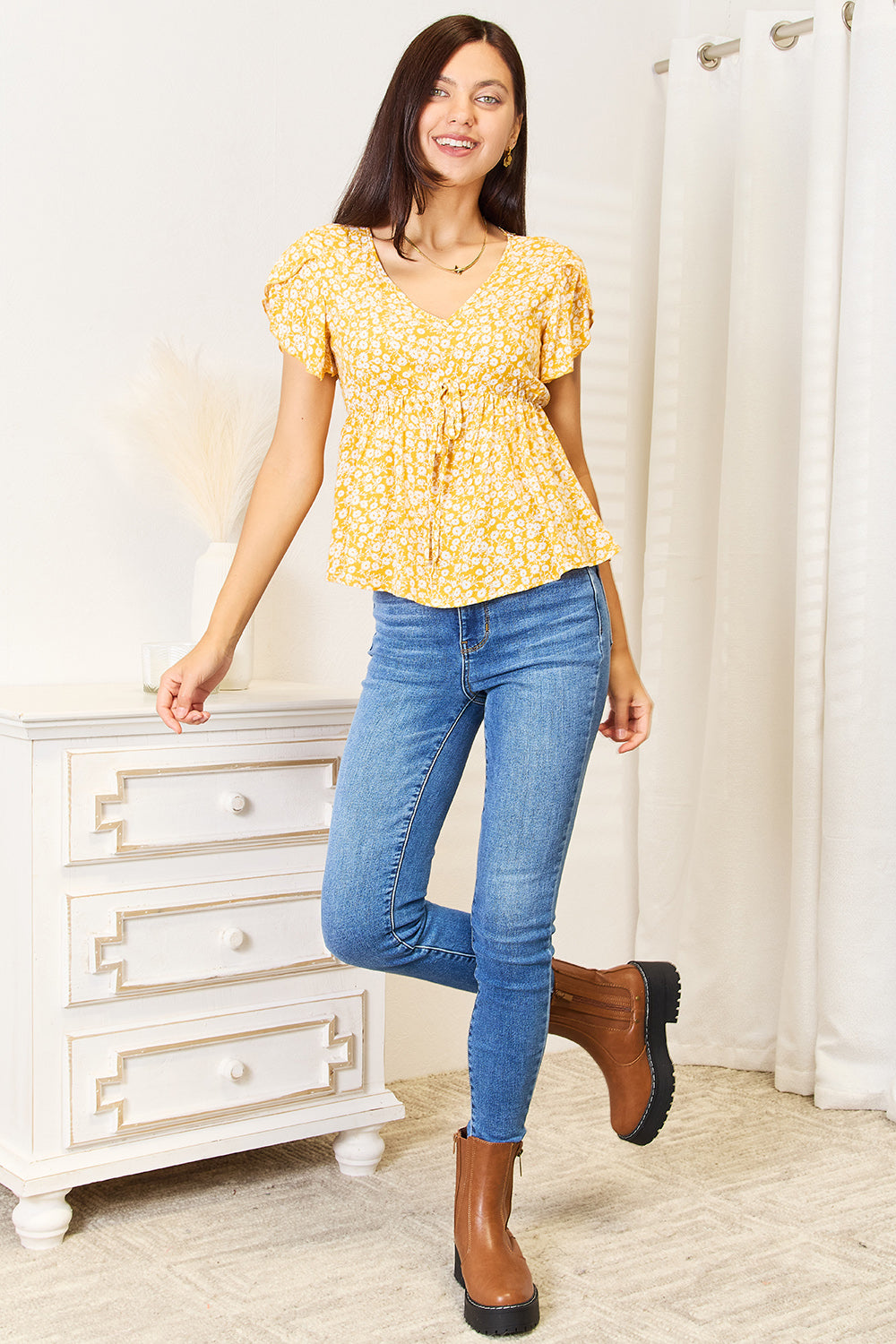 Floral Petal Sleeve Babydoll Top - Classique Collection