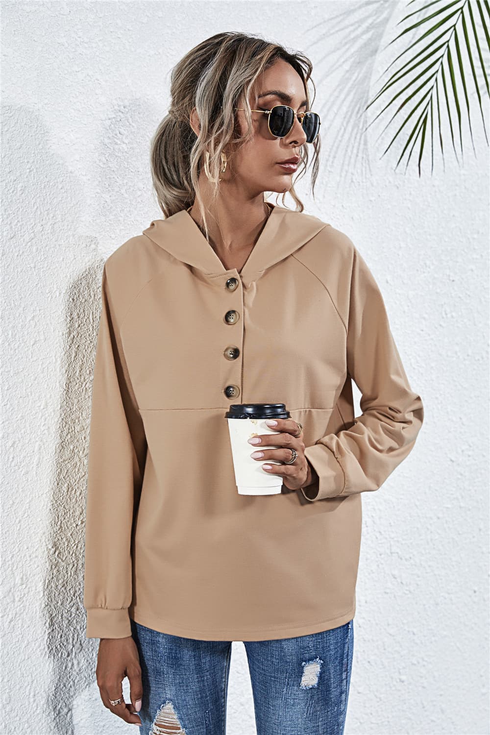 Buttoned Raglan Sleeve Hooded Blouse - ClassiQ