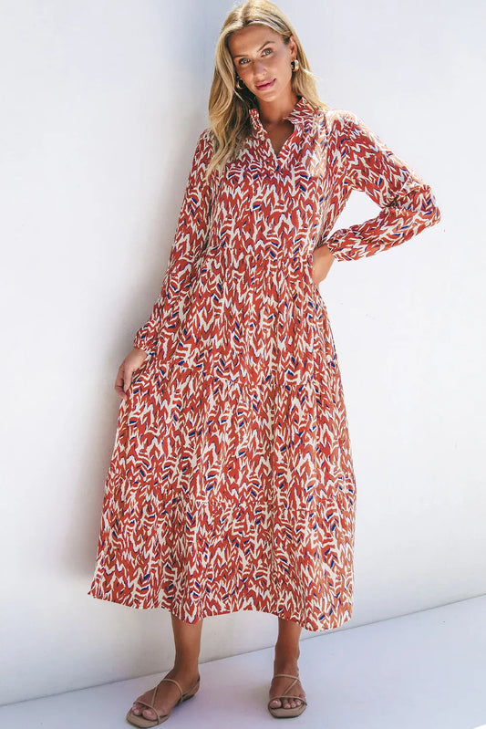 Printed Notched Long Sleeve Dress - Classique Collection