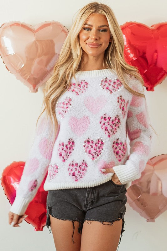 Pink Heart Leopard Print Pearled Sweater - Classique Collection