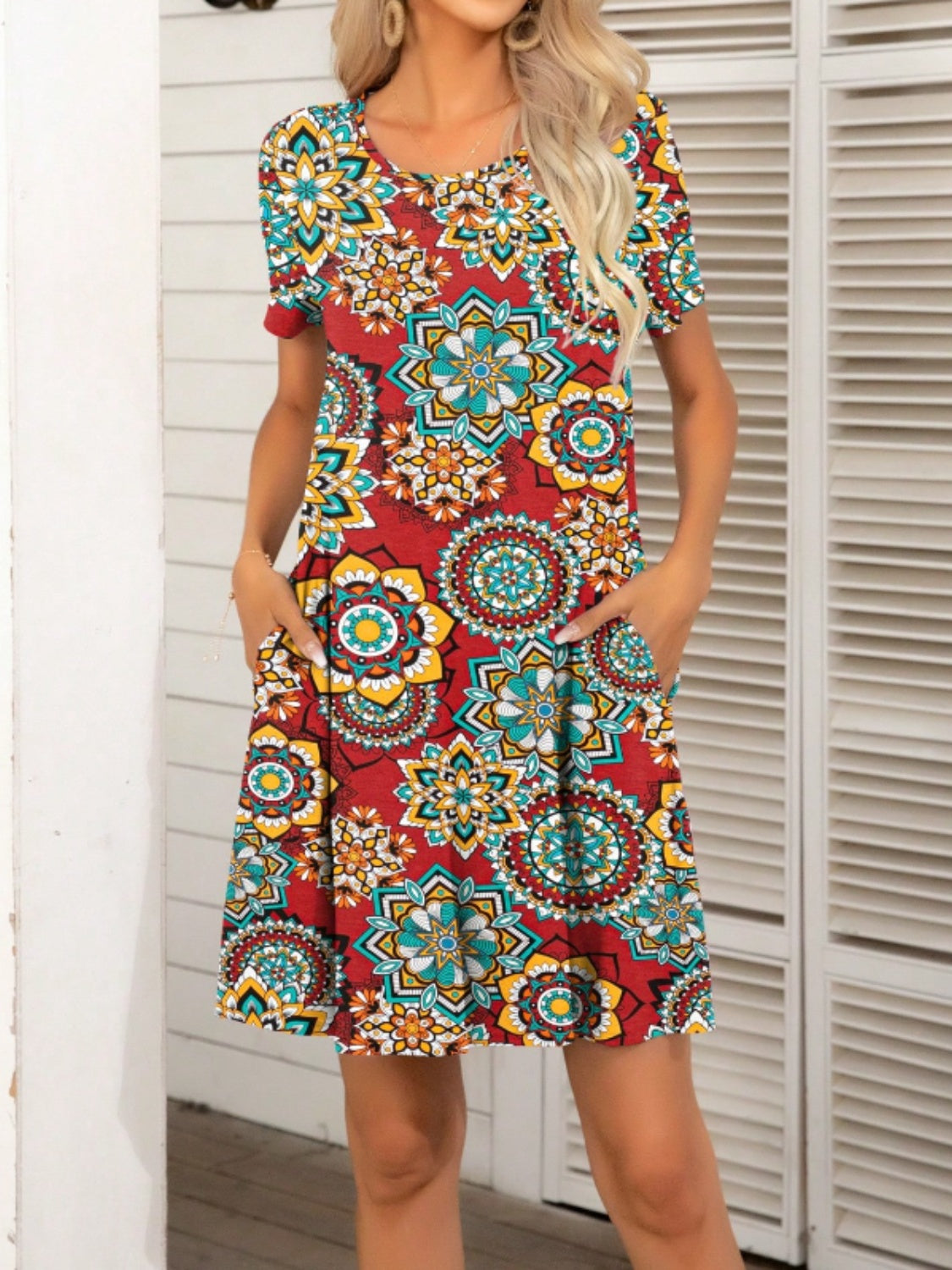 Pocketed Printed Round Neck Short Sleeve Mini Dress - Classique Collection
