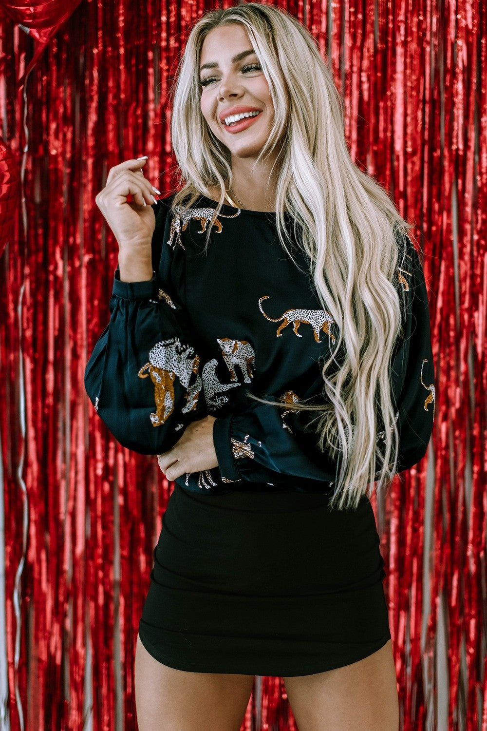 Animal Pattern Round Neck Long Sleeve Blouse - Classique Collection