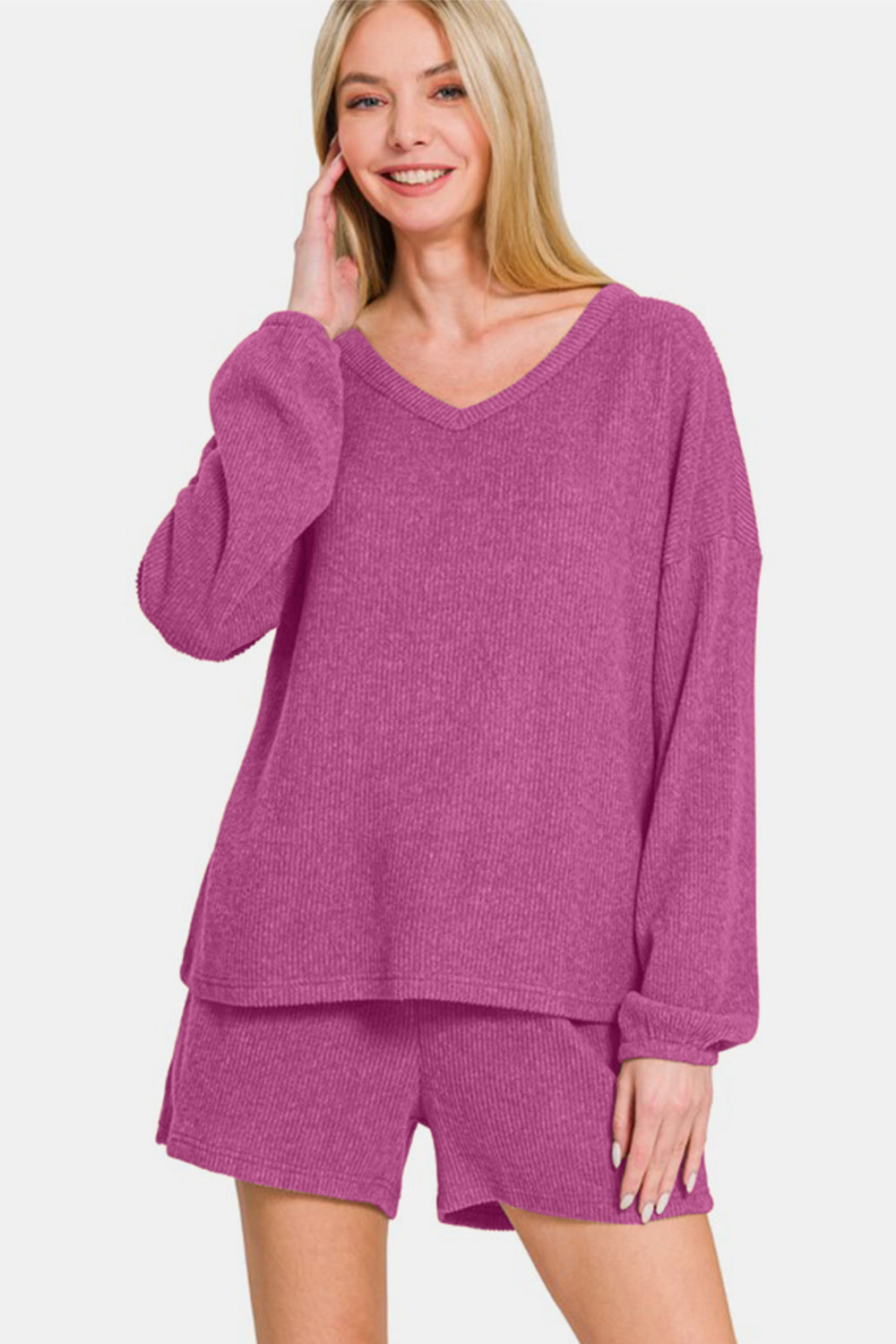 Zenana V-Neck Long Sleeve Ribbed Top and Shorts Set - Classique Collection
