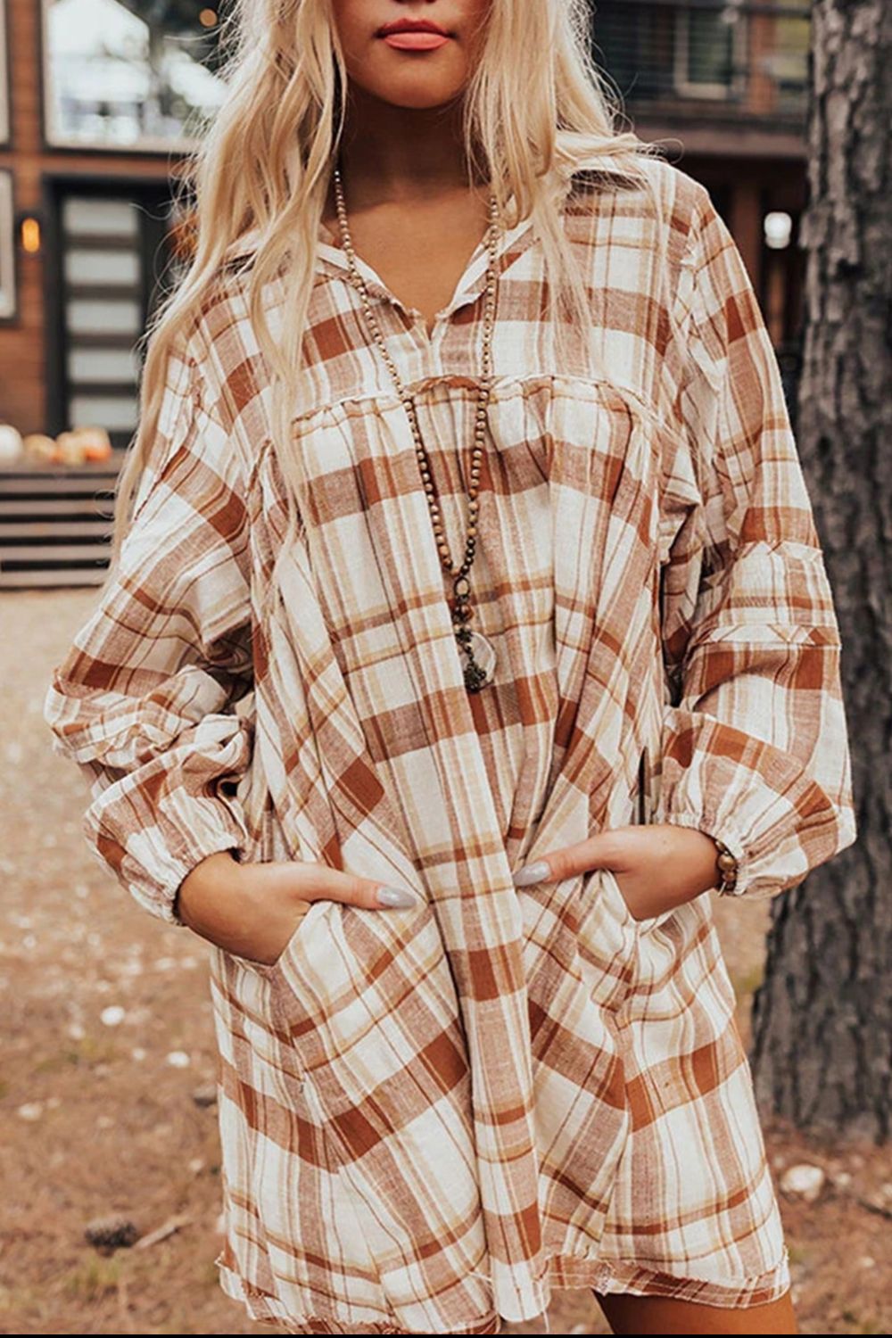 Plaid Collared Neck Long Sleeve Mini Shirt Dress - Classique Collection