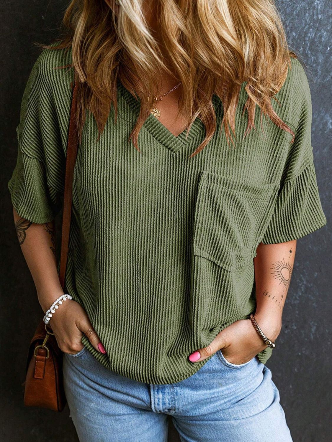 Textured V-Neck Half Sleeve T-Shirt - Classique Collection