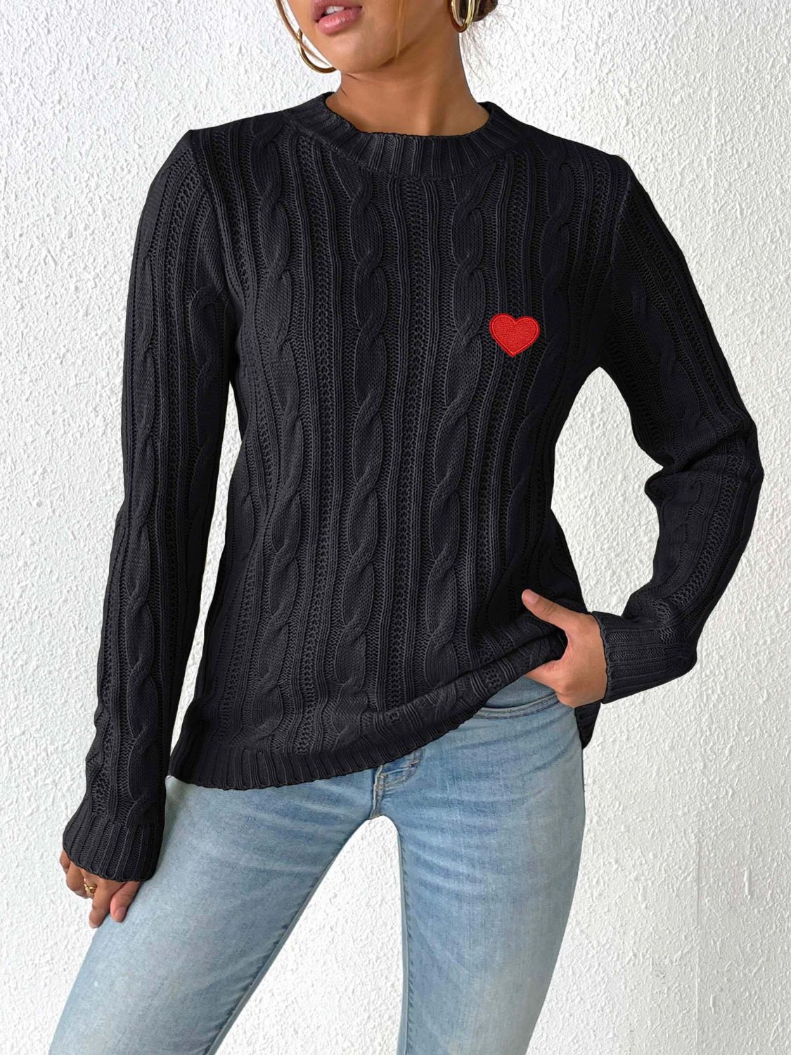 Cable-Knit Heart Round Neck Long Sleeve Sweater - ClassiQ